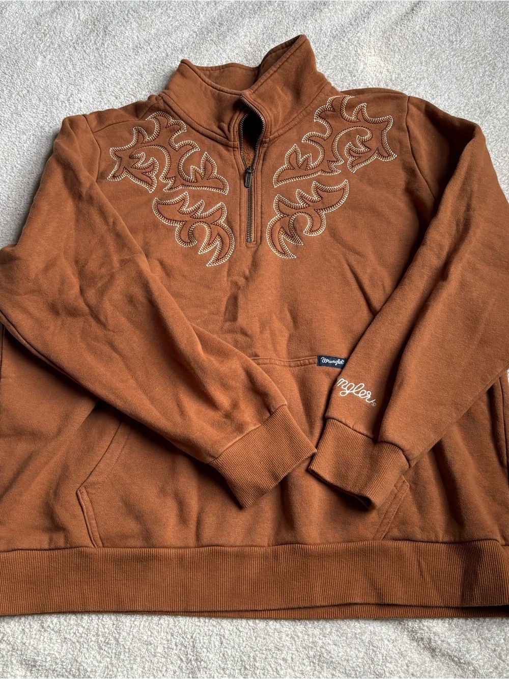 Wrangler Women's Rust Brown Embroidered Quarter-Zip Pullover